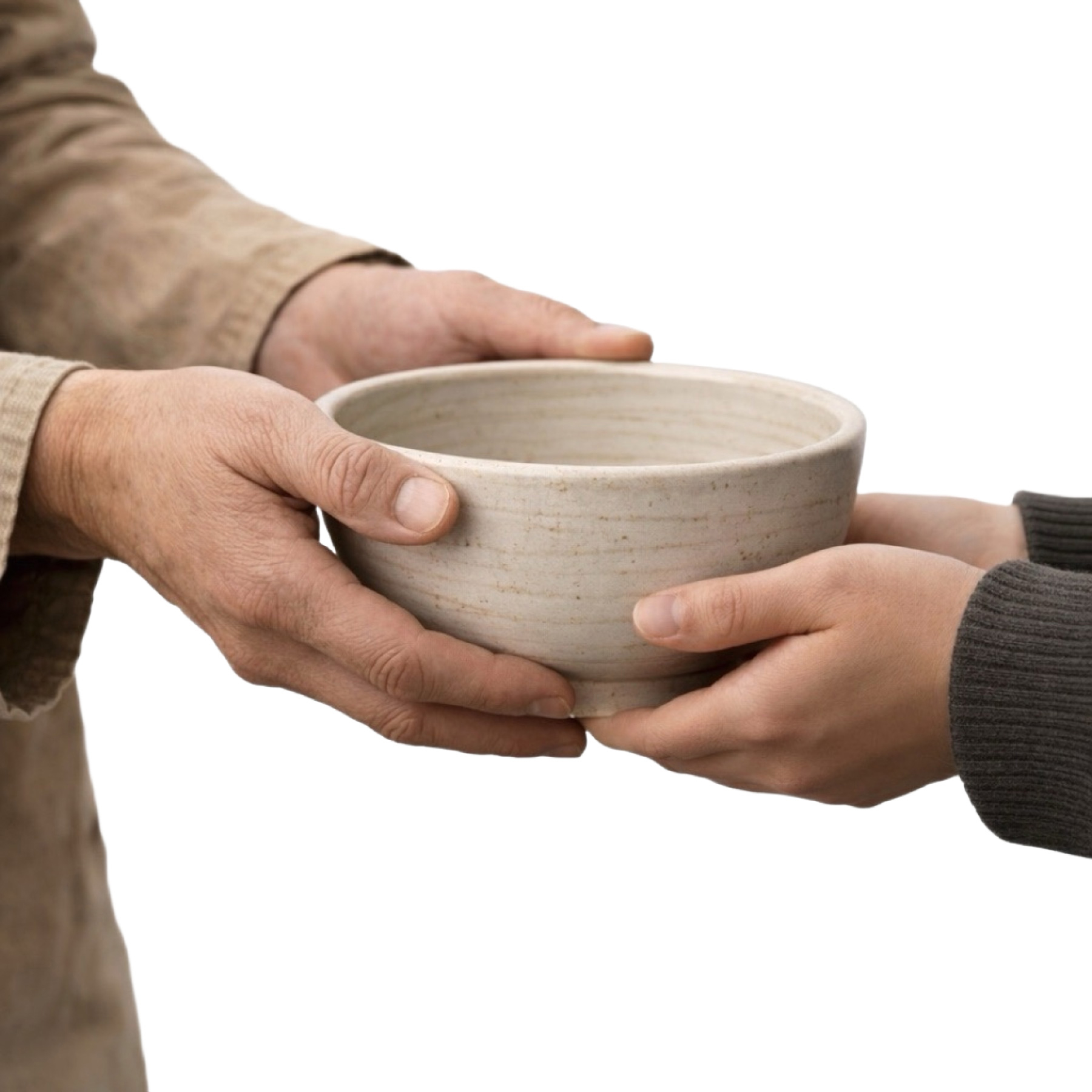 A ceramic bowl being handed from one person to another